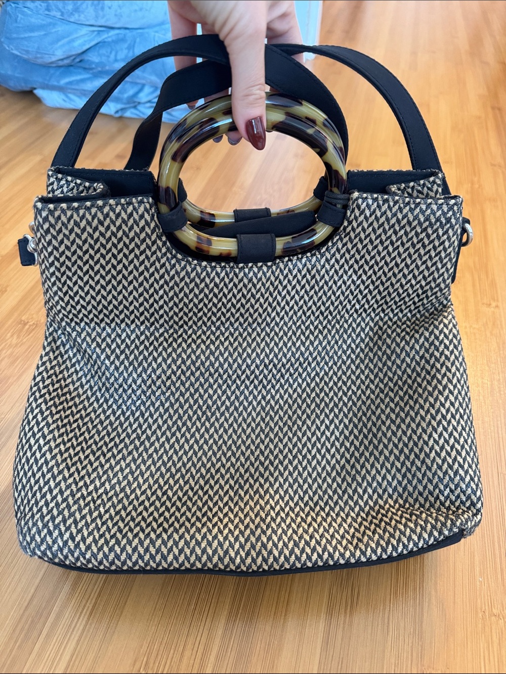 Vintage Woven Black & Cream Tote with Tortoiseshell Ring Handle